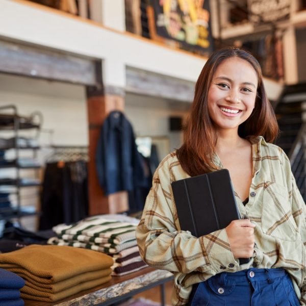 Woman shopping in clothing store holding tablet, smiling, casual outfit.