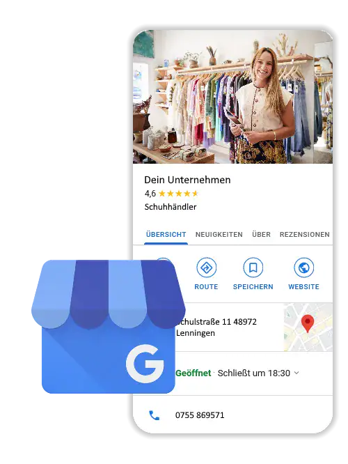 Local shoe store profile with customer reviews and contact info.