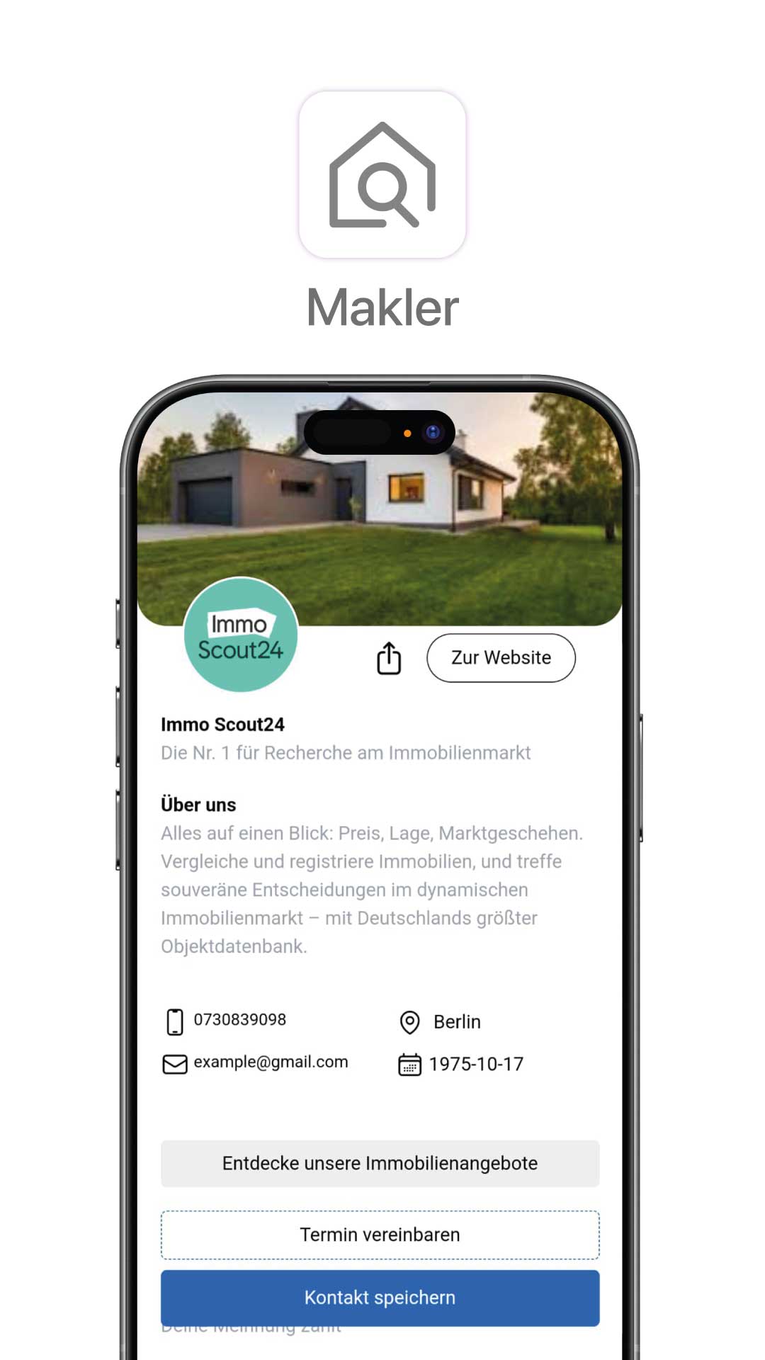 Mobile phone displaying ImmobilienScout24 app with property listings in Berlin.