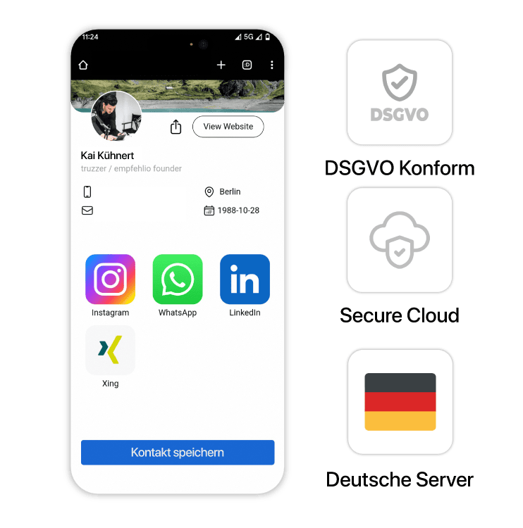 Social media profile of truzzer displayed on a smartphone screen with contact options.