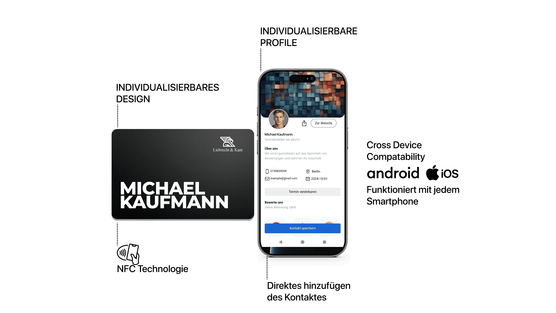 Business card and mobile profile of Michael Kaufmann for professional networking.