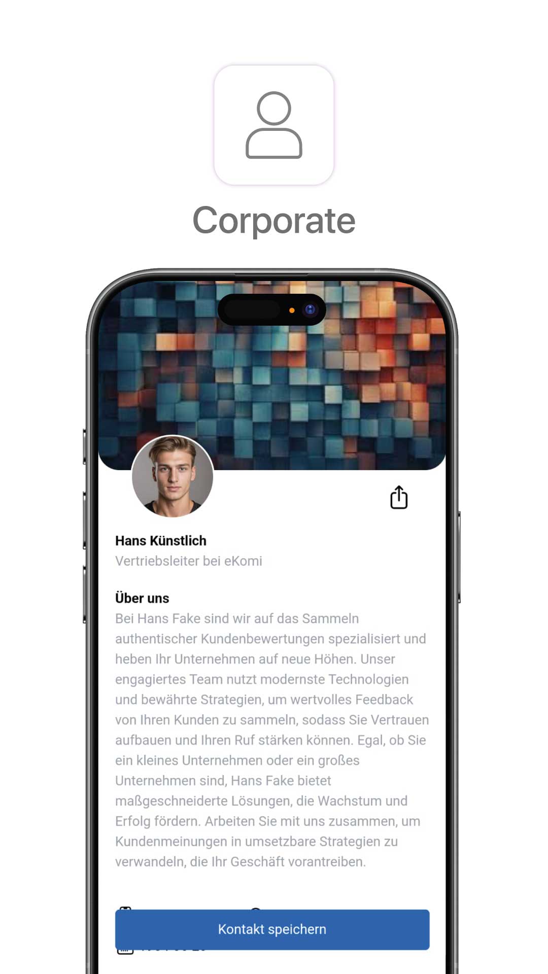 Corporate profile of Hans Künstlich displayed on a smartphone screen.
