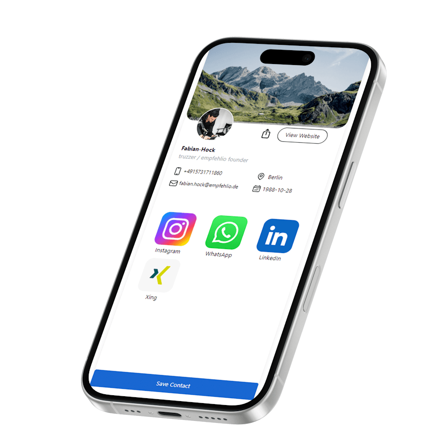 Business contact card on smartphone with social media icons for Instagram, WhatsApp, LinkedIn, and X.