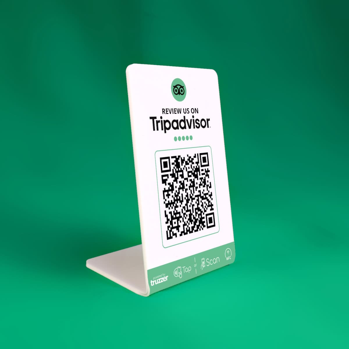 Review stand displaying QR code for TripAdvisor reviews on a green background.