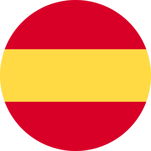 Spain national flag in a circular shape with red and yellow stripes.